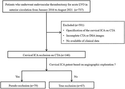 Outcomes in acute ischemic stroke patients undergoing endovascular thrombectomy: Cervical internal carotid artery pseudo-occlusion vs. true occlusion